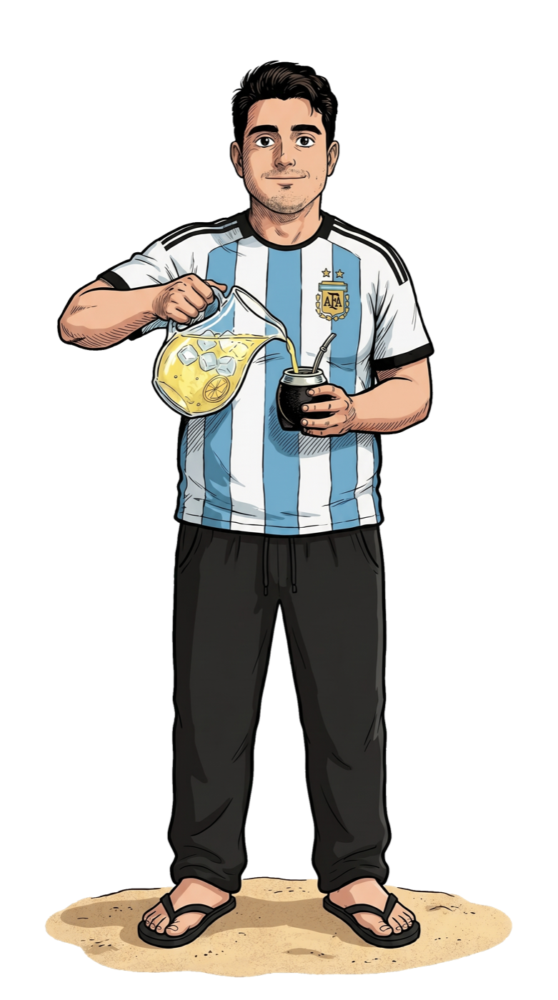 Ilustración estilo cómic de Fer Carballo, creador de contenido de tecnología, con la camiseta de Argentina, mate y limonada